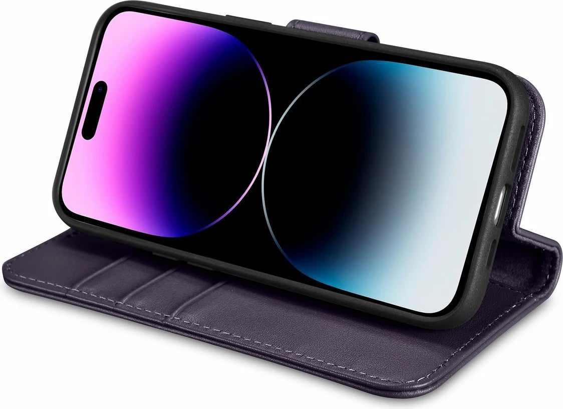 Mbështjellës iCarer Wallet Case 2in1 për iPhone 14 Pro, lëkurë natyrale, Anti-RFID, Vjollcë e errët