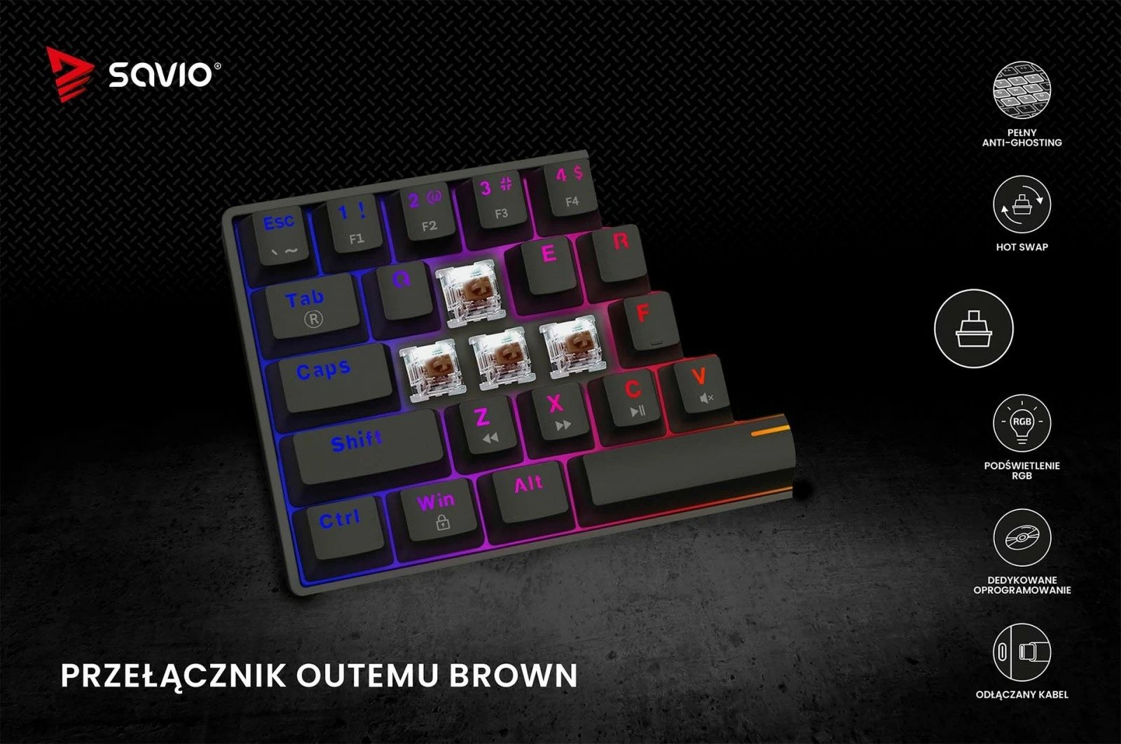 Tastierë mekanike Savio Blackout X2 OUTEMU Brown, 60%, ARGB, Hot Swap, e zezë
