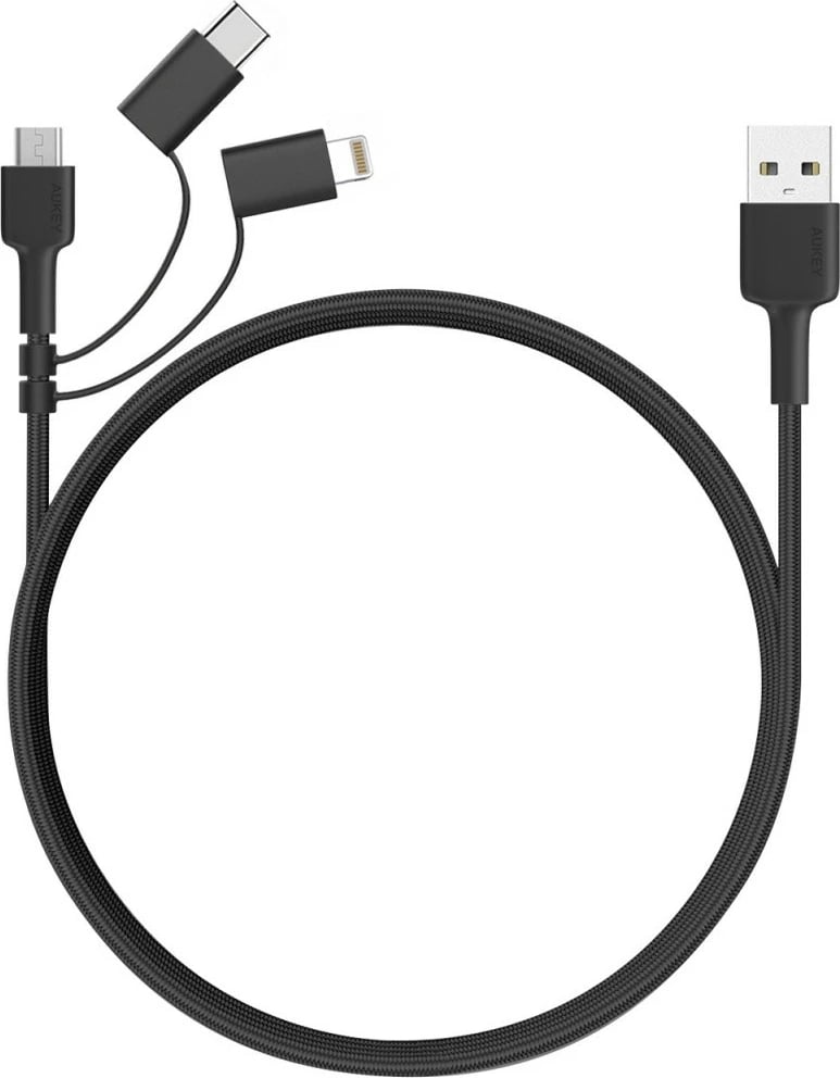 Kabllo 3-në-1 AUKEY CB-BAL5, 1.2m, USB C, Lightning, Micro USB, e zezë