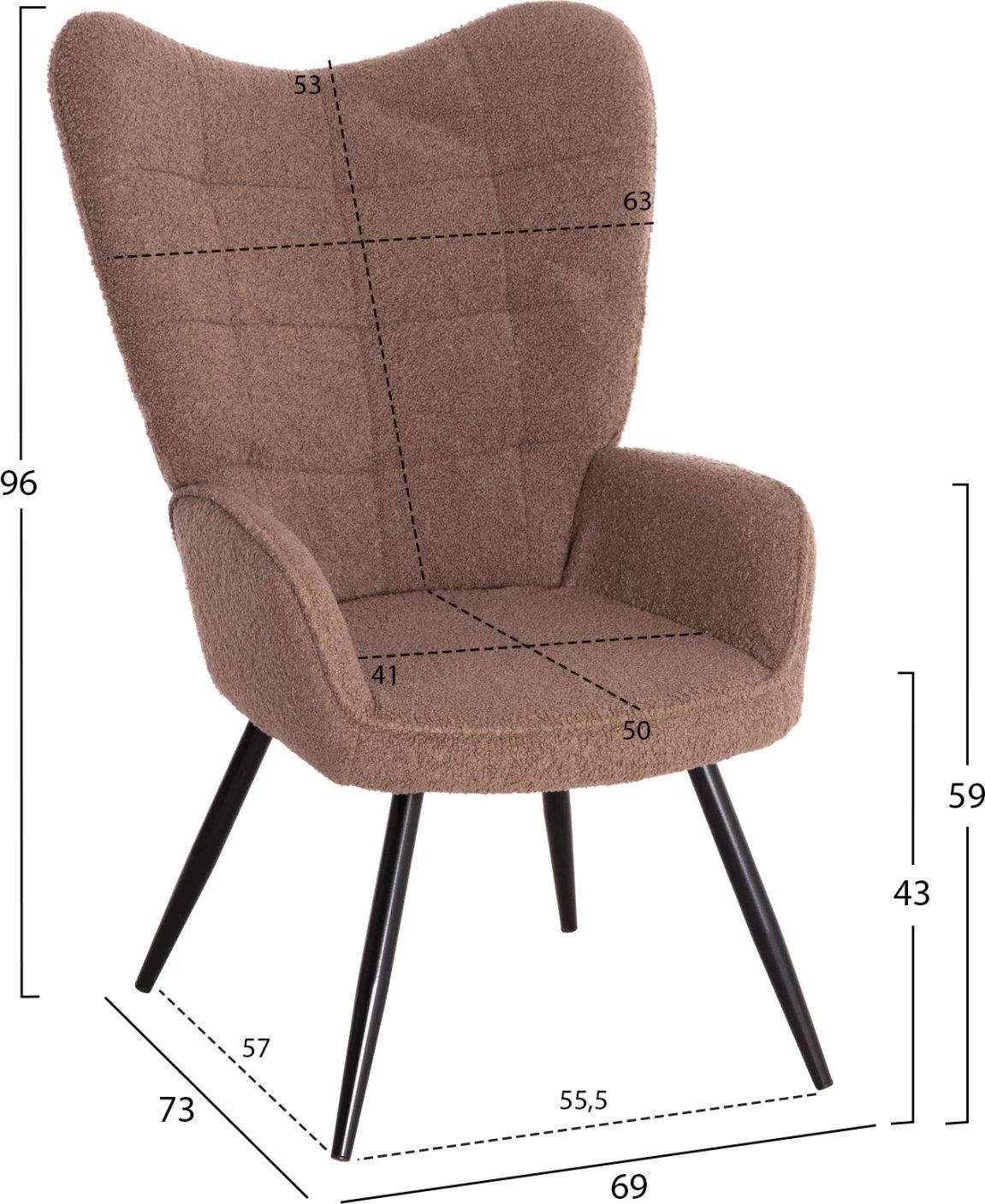 Fotel me këmbestol CRAWLEY, stof boucle kafe, këmbë metalike të zeza, FH8918.26, 69x73x96cm