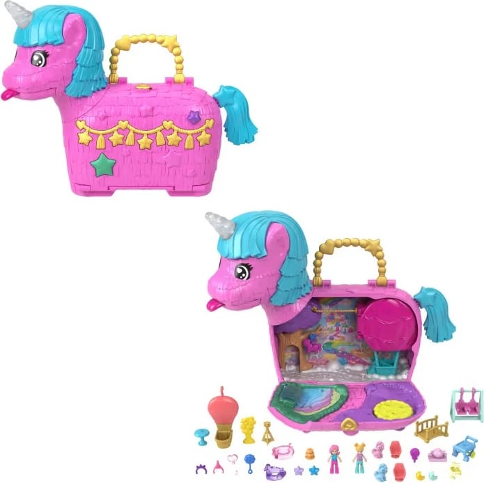 Set figurina Polly Pocket Unicorn Surprise, Mattel HYD96, 2 mikrolodina, 25+ aksesorë, rozë