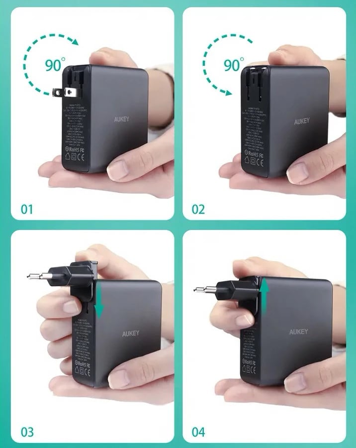 Karikues murit AUKEY PA-B7O Omnia II, 140W, 3xUSB (2xUSB-C + 1xUSB-A), i zi, me adapterë ndërkombëtarë