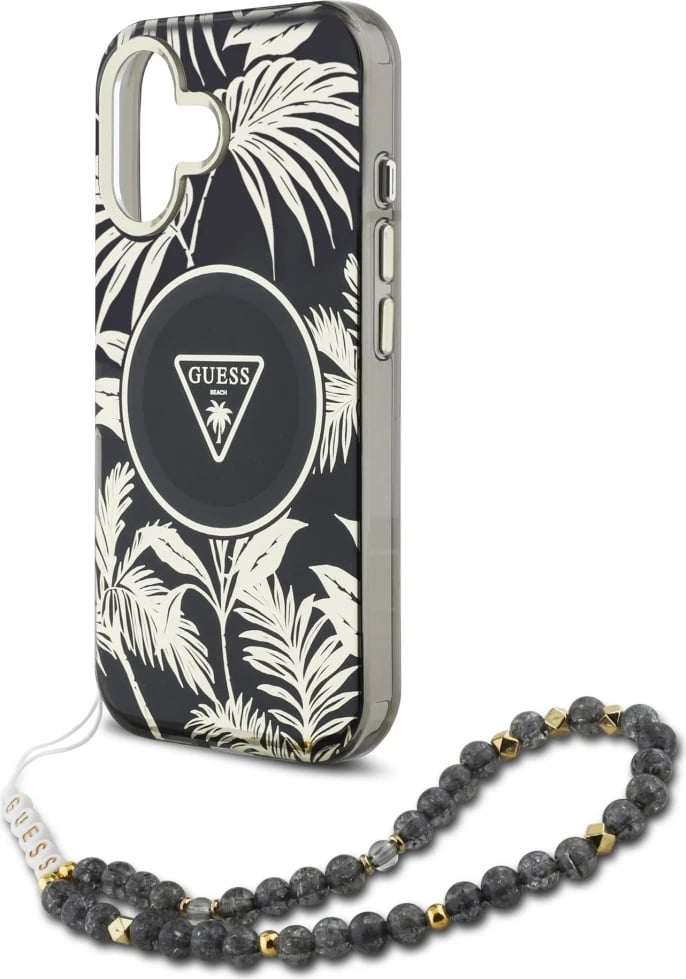 Mbështjellës Guess Palm Trees Triangle Pearl Strap MagSafe për iPhone 16, i zi