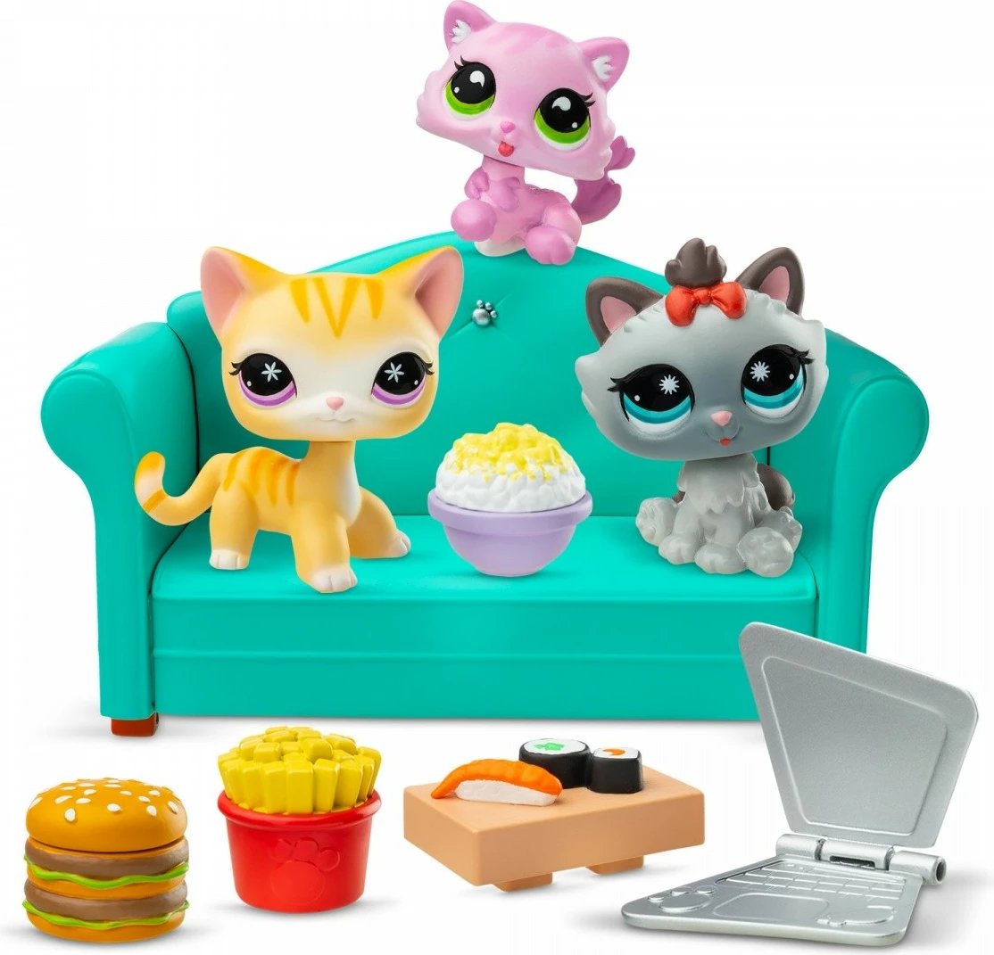 Set figurina, Littlest Pet Shop, LPS00636 Diner Dash Play Pack Snack Time, 3 kafshë + 7 aksesorë, me kod virtual