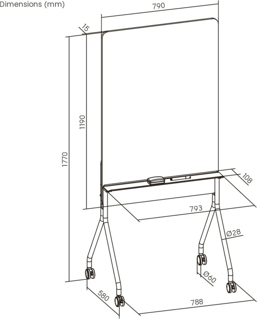 Tabelë shkrim-fshirëse, Ergo Office, ER-305, 119x79 cm, lëvizëse me rrota, jo magnetike, orientim vertikal, me marker dhe sfungjer, e bardhë