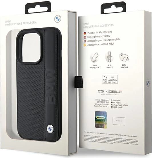 Mbështjellës BMW Leather Textured & Stripe për iPhone 15 Pro, i zi