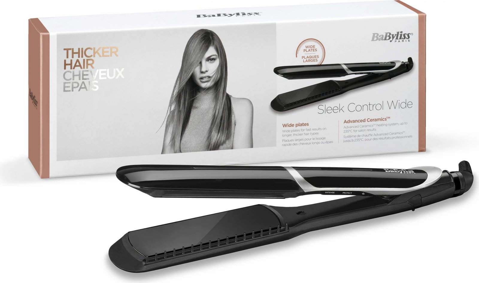 Hekur flokësh BaByliss ST397E Sleek Control Wide, jonizues, i zi