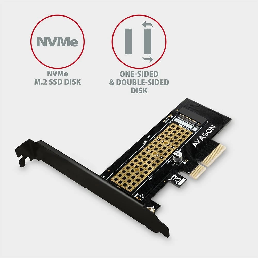 Adapter PCIe AXAGON PCEM2-N për SSD M.2 NVMe, me kapak standard dhe low-profile, i zi