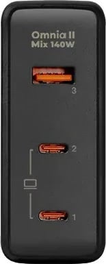 Karikues murit AUKEY PA-B7O Omnia II, 140W, 3xUSB (2xUSB-C + 1xUSB-A), i zi, me adapterë ndërkombëtarë