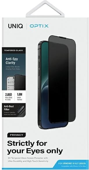 Xham mbrojtës privatësie UNIQ Optix Privacy për iPhone 15 Plus / 14 Pro Max me aplikator