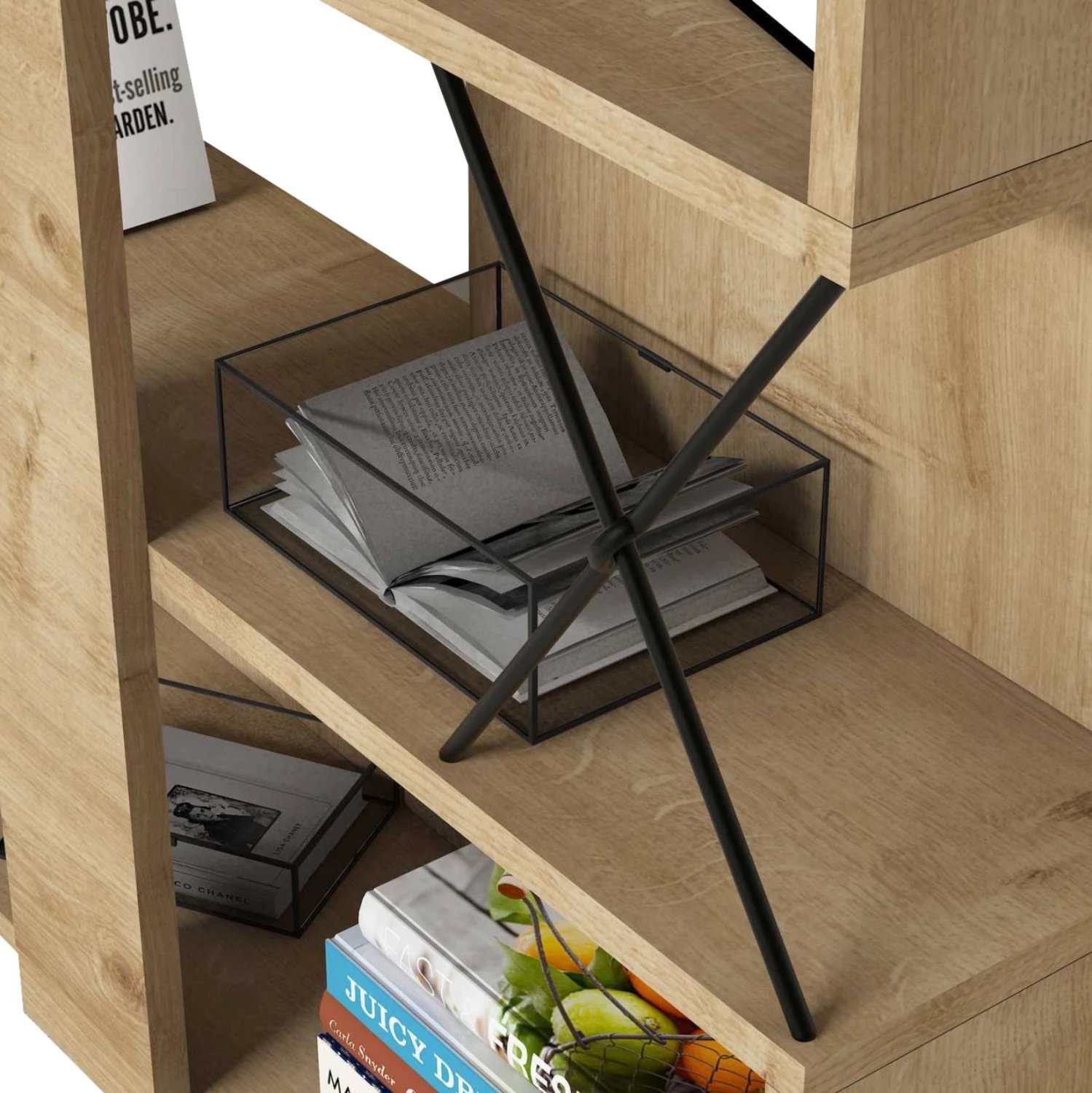 Raft librash melamine FH9496.01 ngjyrë lisi natyral-këmbë metalike të zeza 90x22x167.3H cm