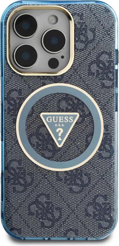 Mbështjellës Guess IML Metal Glitter 4G Circle Triangle MagSafe për iPhone 16 Pro, Blu