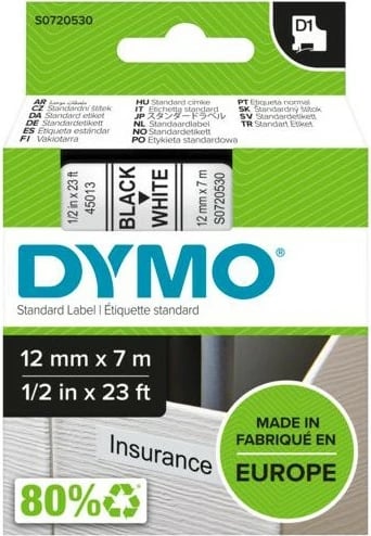 Shirit etikete DYMO D1 Standard, 12mm, i zi mbi të bardhë, 7m