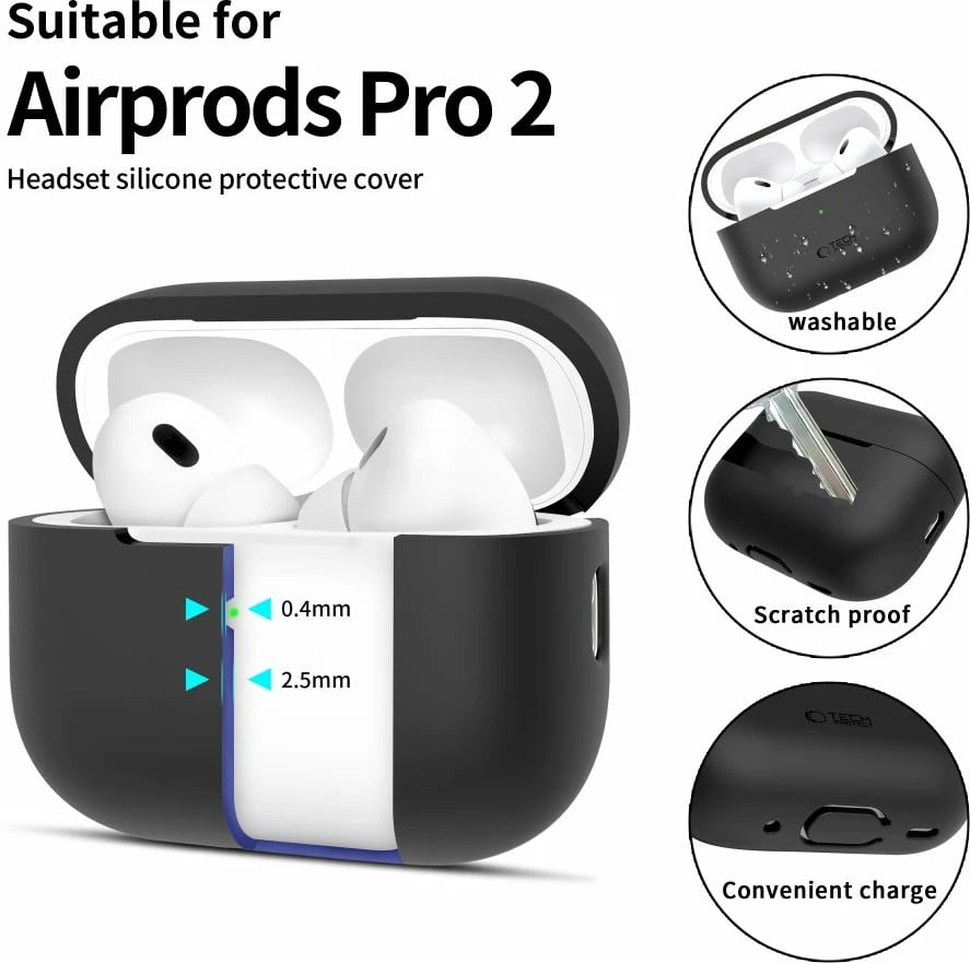 Mbështjellës Tech-Protect për AirPods Pro/Pro 2, Silikon, i zi