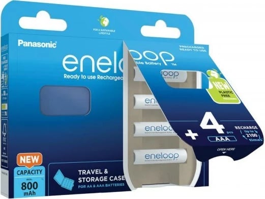 Bateri të rikarikueshme Panasonic Eneloop BK-4MCDE/4CP+CASE AAA, 800 mAh, 4 copë, e bardhë me kuti