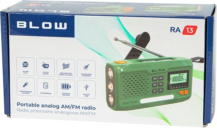Radio portative BLOW RA13 AM/FM, solar/dynamo, me dritë LED dhe SOS, Gjelbër/Portokalli