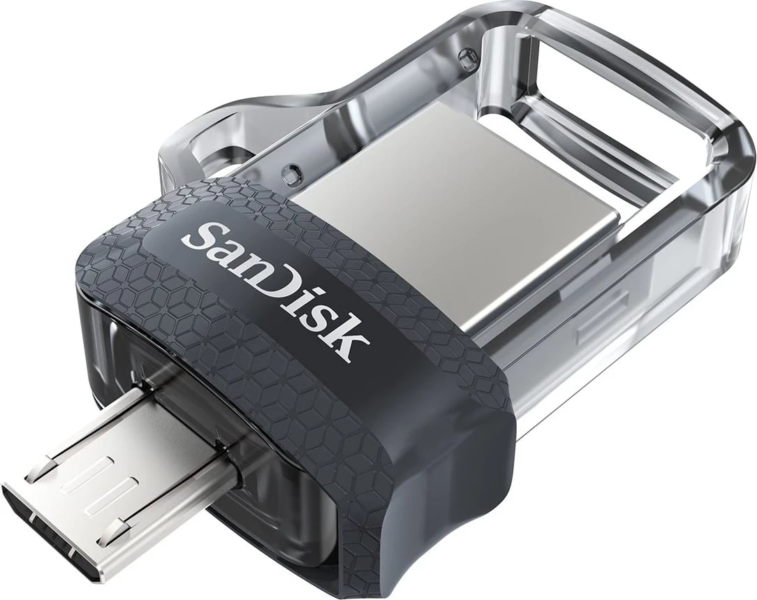 USB Flash SanDisk Ultra Dual m3.0, 64 GB, USB Type-A / Micro-USB 3.2 Gen 1 (3.1 Gen 1), E zezë, Argjendtë, Transparent