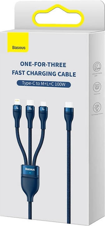 Kabllo 3-në-1 Baseus Flash Series 2, 1.5m, 100W, USB-C + micro USB + Lightning, blu
