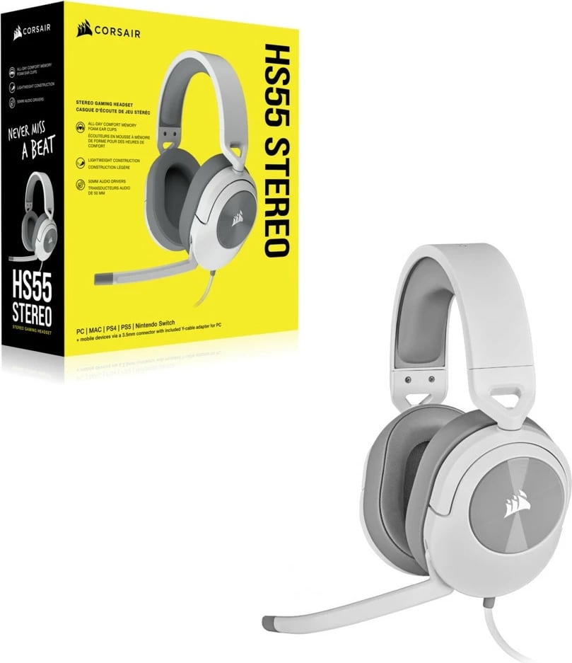 Kufje Corsair HS55 STEREO, Wired, Gaming, 20 - 20000 Hz, 284 g, të bardha