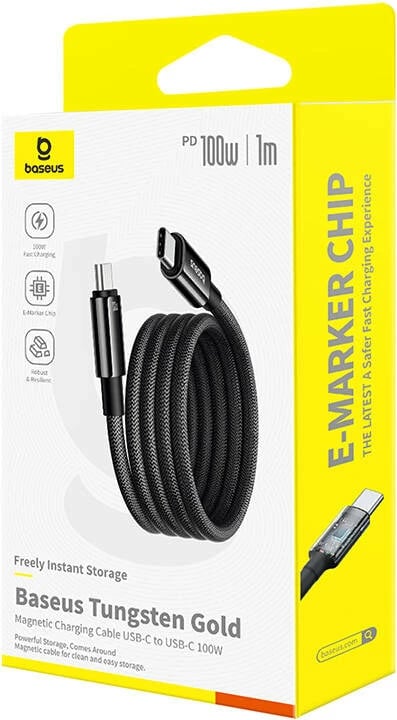 Kabllo karikimi Baseus Tungsten Gold USB-C në USB-C, 100W, 1m, e zezë