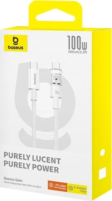 Kabllo Baseus Gem USB C në USB C, 1 m, 100 W, Bardhë