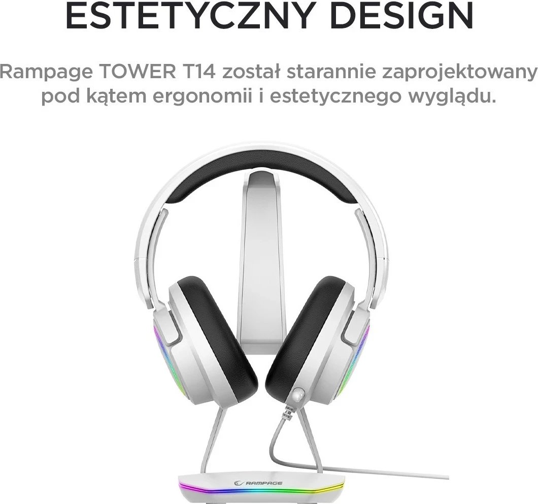 Stojak kufje Rampage T14, RGB, 2x USB, bardhë