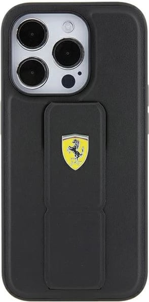 Mbështjellës Ferrari Grip Stand Metal Logo për iPhone 15 Pro, i zi