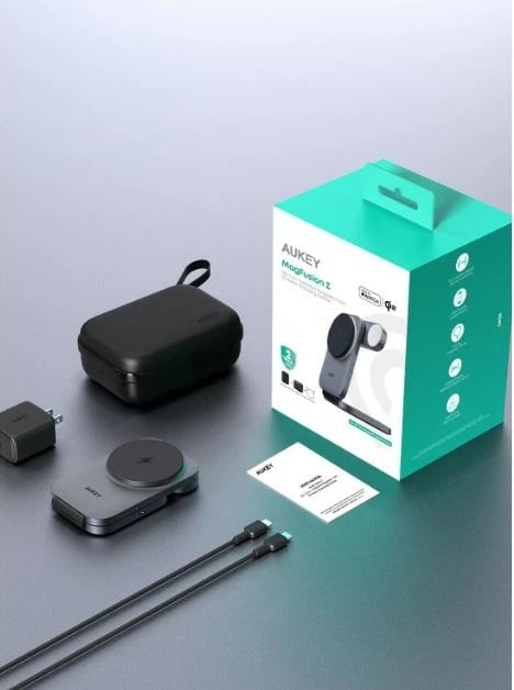 Qëndrim karikues 3-në-1 AUKEY MagFusion Z, MagSafe, i palosshëm, i zi