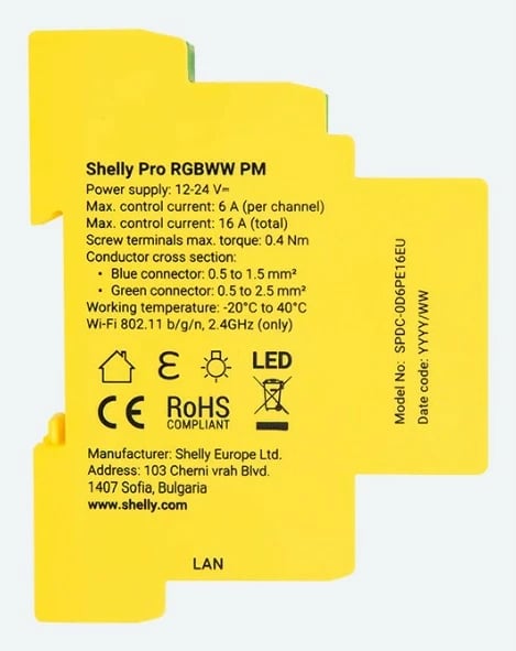 Relais smart Shelly Pro RGBWW PM, Wi-Fi/LAN/BT, plastik, verdhë
