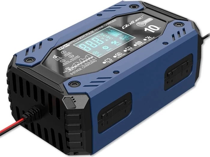 Karikues inteligjent Qoltec 52482, 12-24V, 10A, LCD, Blu