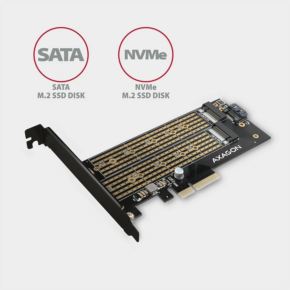 Adapter PCIe x4 AXAGON PCEM2-D për 1x M.2 NVMe M-key + 1x SATA B-key, me aksesorë, i zi