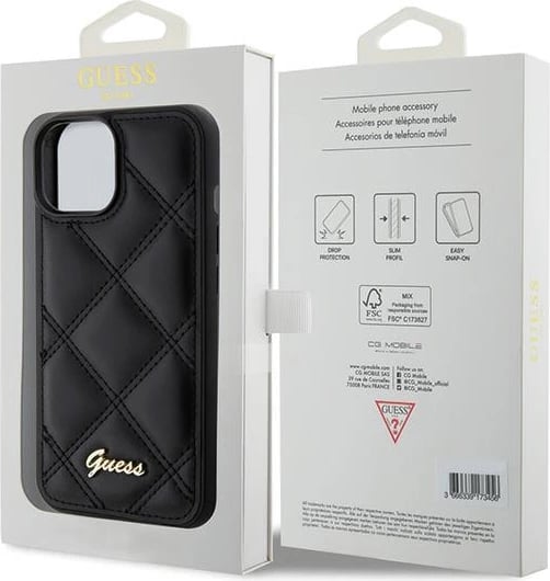 Mbështjellës Guess Quilted Metal Logo për iPhone 15, i zi