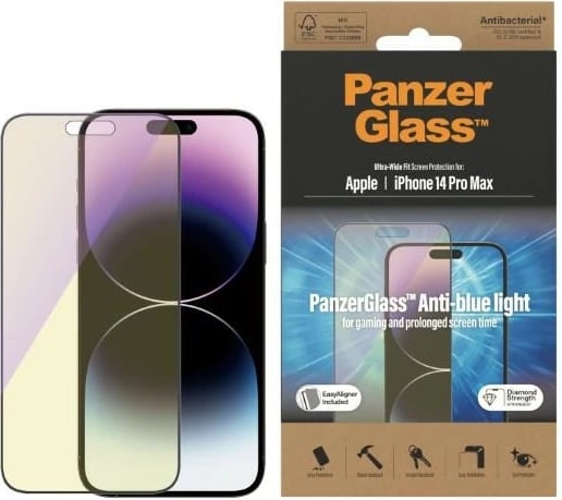 Xham mbrojtës PanzerGlass Ultra-Wide Fit me filtër dritë blu dhe aplikator për iPhone 14 Pro Max