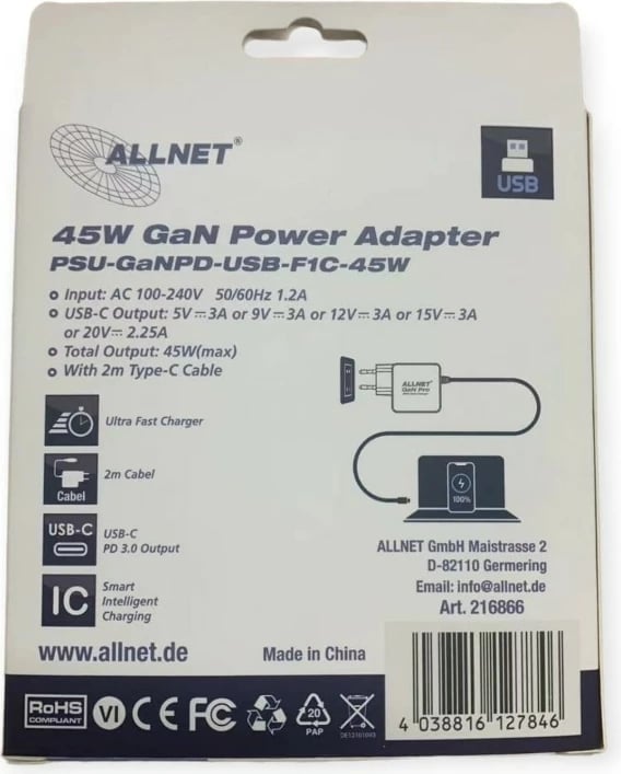 Karikues ALLNET 45W USB-C me kabllo 2m, EU plug