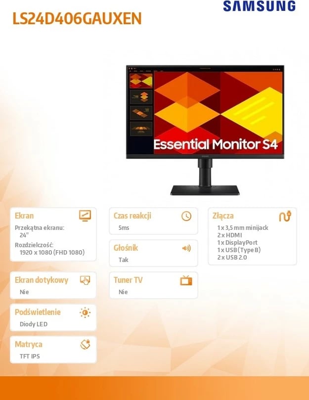 Monitor Samsung LS24D406GAUXEN, 24", IPS, FHD, 100Hz, i zi