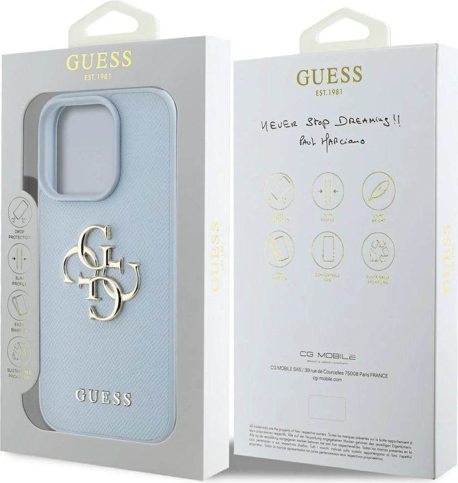 Mbështjellës Guess Grained Big 4G Logo Small Classic Logo për iPhone 16 Pro, kaltër