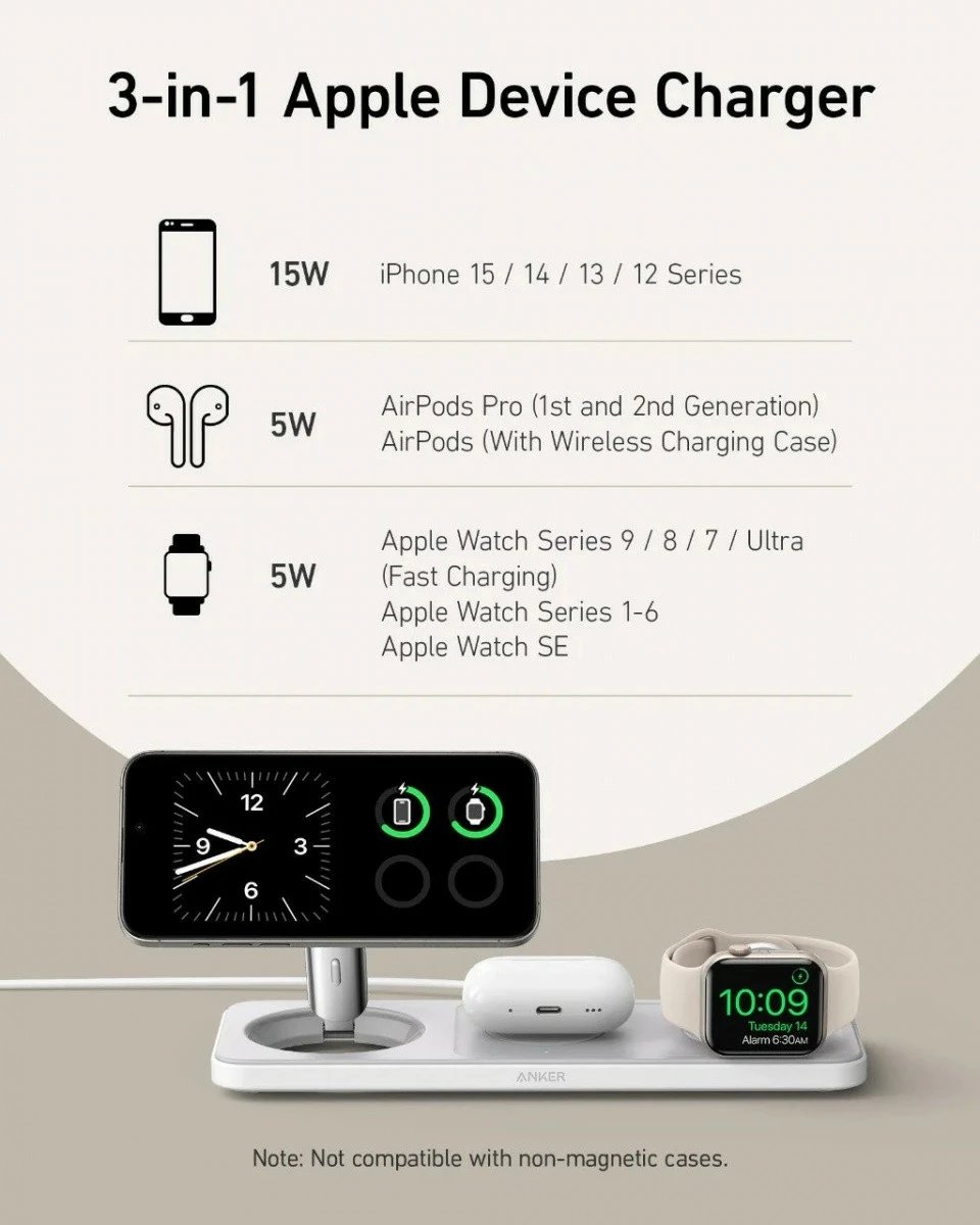 Karikues wireless Anker MagGo 3-in-1 Pad, 15W Qi2, i bardhë