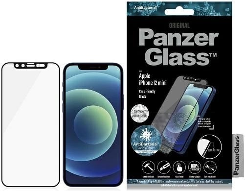 Xham mbrojtës PanzerGlass për iPhone 12 mini, Microfracture, antibakterial, me mbulesë kamere Swarovski, kornizë e zezë