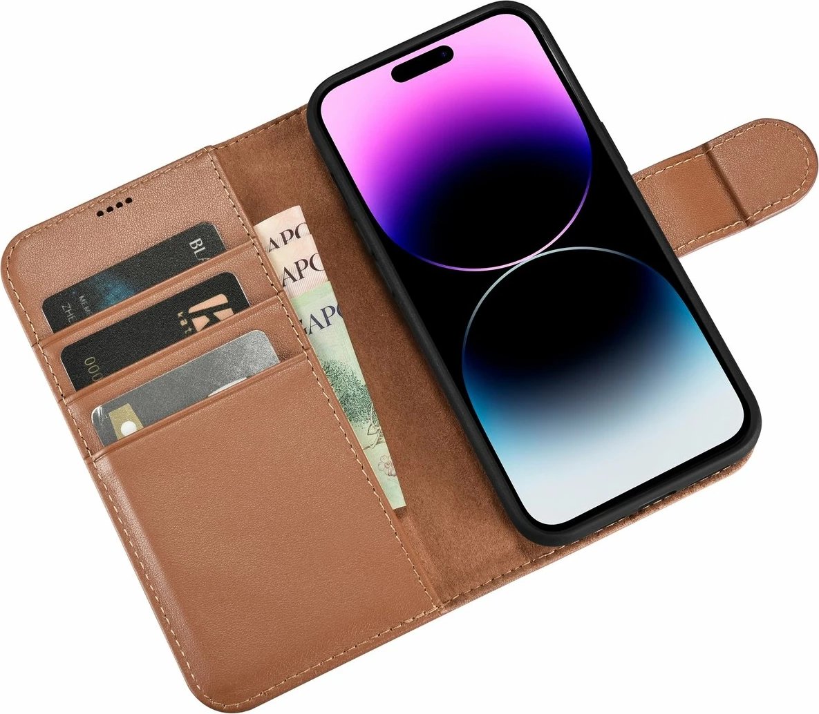 Mbështjellës iCarer Wallet Case 2in1 për iPhone 14 Pro, lëkurë natyrale, Anti-RFID, Kafe