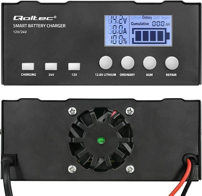 Karikues baterie Qoltec 52491, inteligjent, 12V/12.6V/24V, me funksion riparimi, me ekran LCD