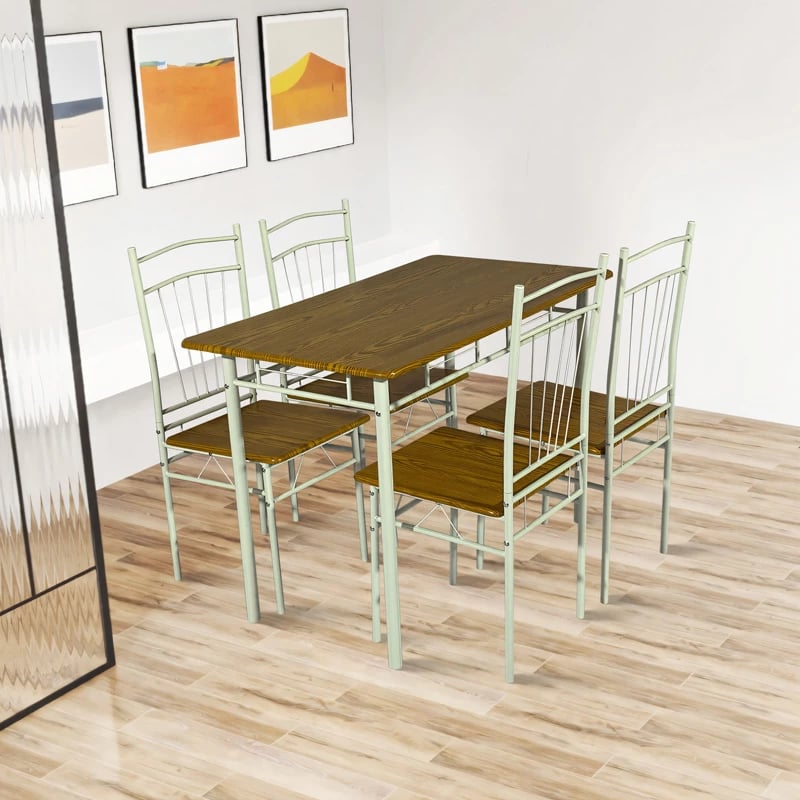 Tavolinë me karrige Roza II, set 5 copë, MDF natyrale, këmbë metalike të bardha, 110x60x74cm