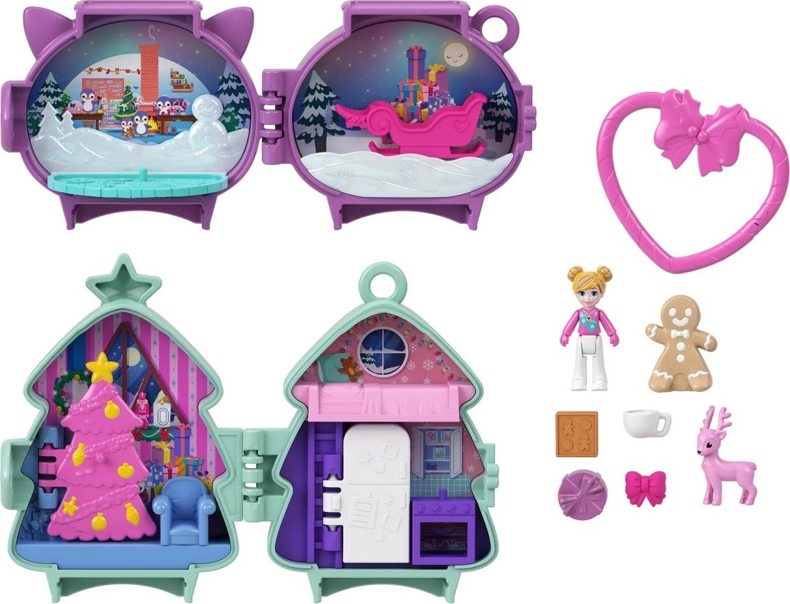 Set lodrash Polly Pocket Christmas Compact 2-pack, Mattel, JGM53, me figurina dhe aksesorë, shumëngjyrësh Set lodrash Polly Pocket Christmas Compact 2-pack, Mattel, JGM53, me figurina dhe aksesorë, shumëngjyrësh