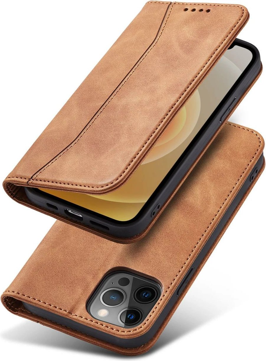 Mbështjellës Hurtel Magnet Fancy Case për iPhone 12 Pro Max, me portofol dhe mbajtëse, Kafe