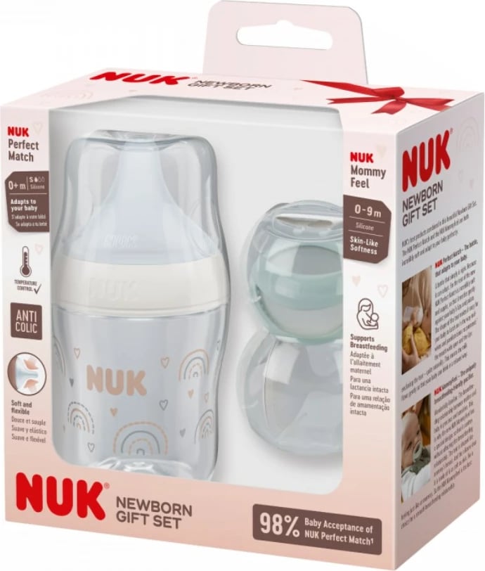 set shishe për bebe NUK Perfect Match 150 ml, tregues temperature, valvul anti-kolik, pa rrjedhje, pa BPA, bezhë, set