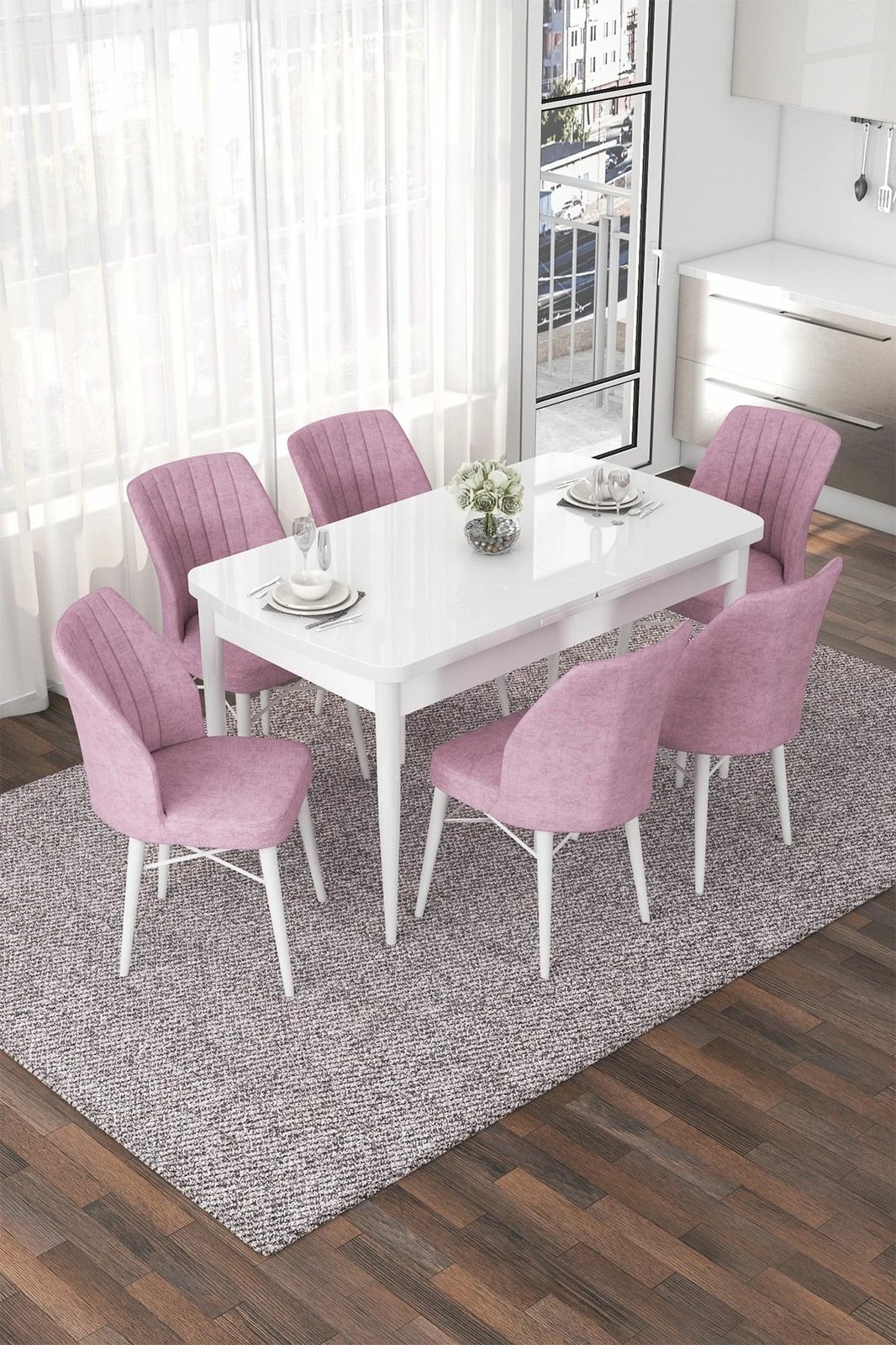 Tavolinë me karrige, zgjatshme, 7 copë, Skye Decor, e bardhë, rozë
