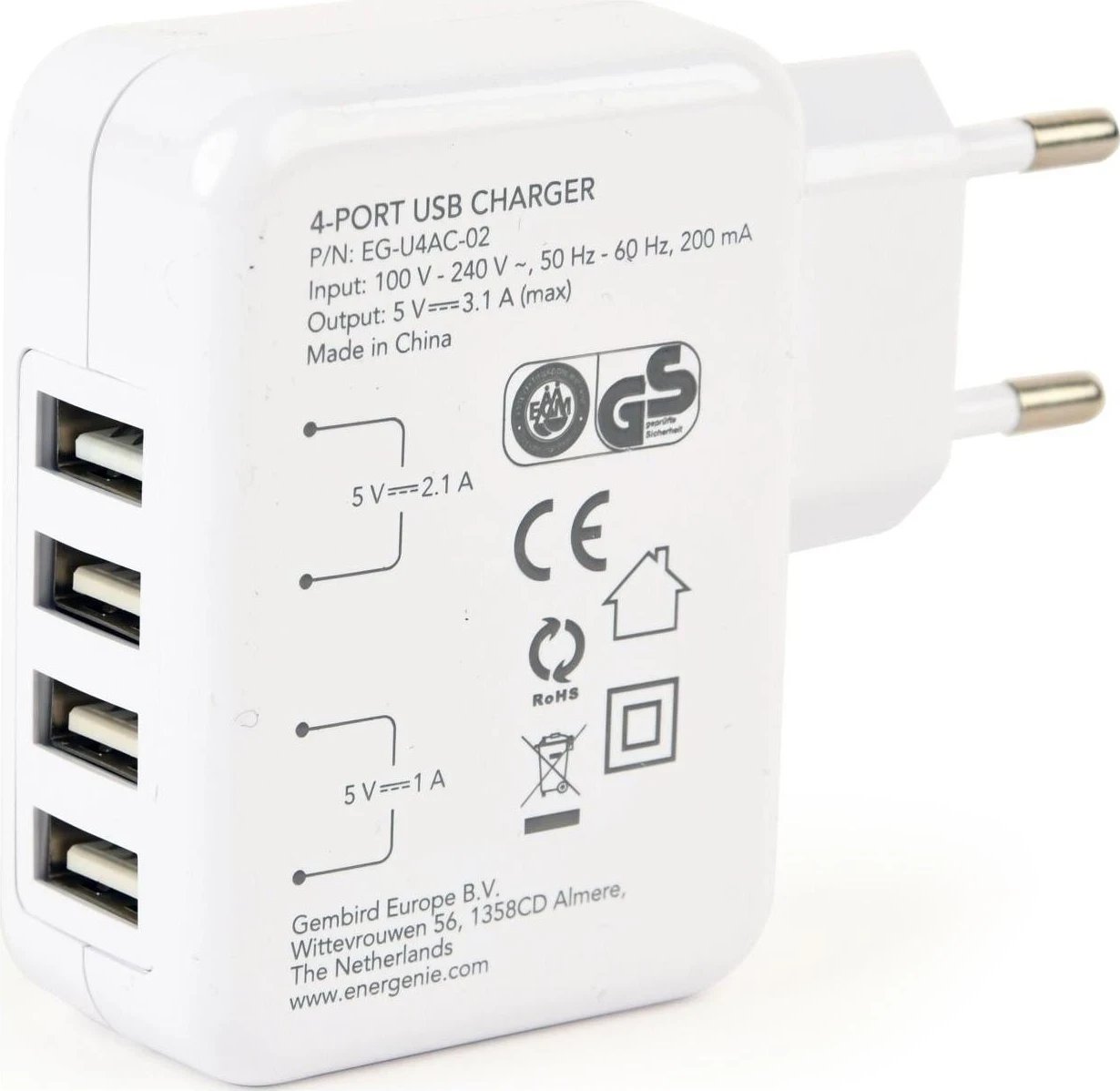 Karikues Gembird me 4 porta USB 3.1, bardhë