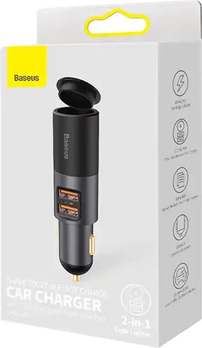Karikues veture Baseus CCBT-D0G me 2x USB, port zgjerimi çakmaku, 120W, Gri
