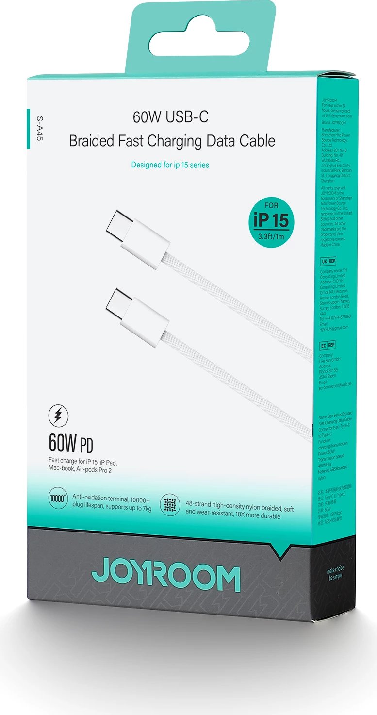 Kabllo USB-C/USB-C Joyroom Ben Series S-A45, 1m, 60W, Bardhë