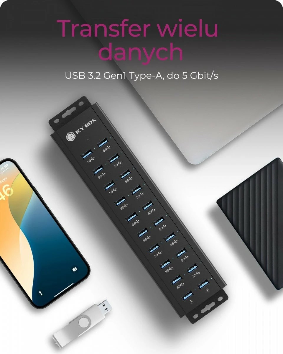 Hub USB IcyBox IB-HUB1720-U3, 20 porta, 96W, i zi