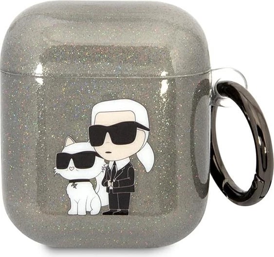 Mbështjellës Karl Lagerfeld KLA2HNKCTGK për AirPods 1/2, Glitter Karl&Choupette, i zi me unazë